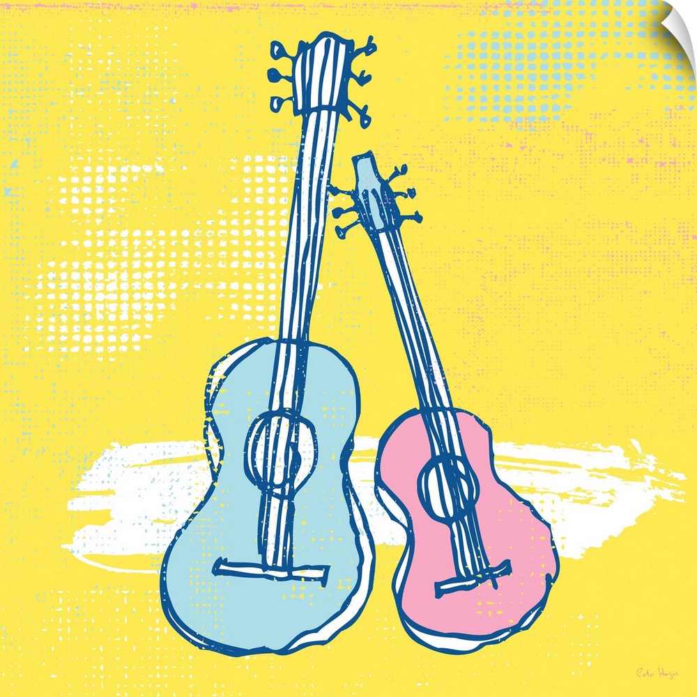 Two pen and ink illustrated guitars leaning on each other on a pale yellow background.