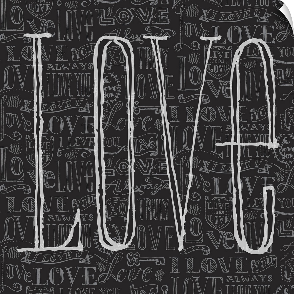 Pen and ink handlettered illustration of love icons repeated on a black background with the word "LOVE" overlapped large.