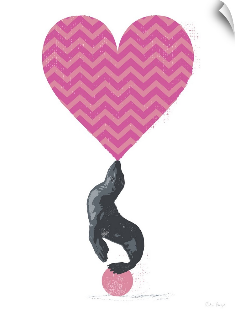 Graphic art of a seal balancing a large pink chevron heart on its nose standing on a pink ball.
