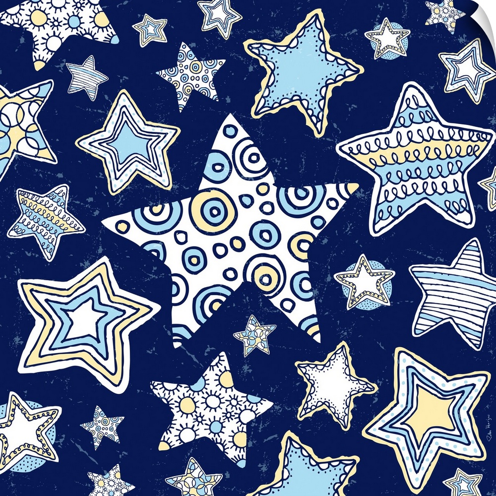 A group of pen and ink illustrated stars, from large to small stars on a midnight blue background.