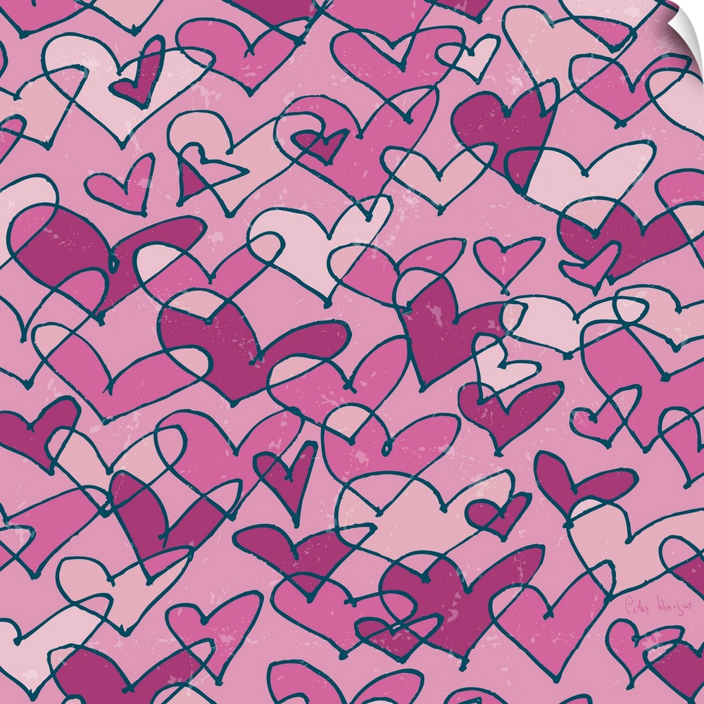 A pattern of pen and ink illustrated pink hearts on a pink background.