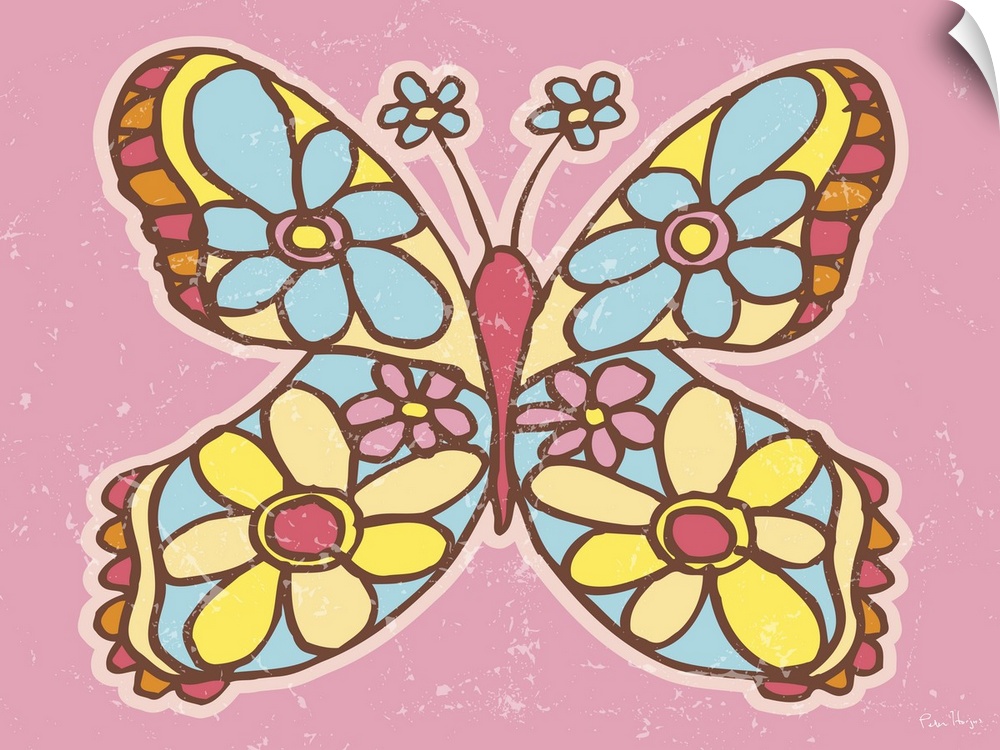 A pen and ink illustrated butterfly with flowers on a pink background.