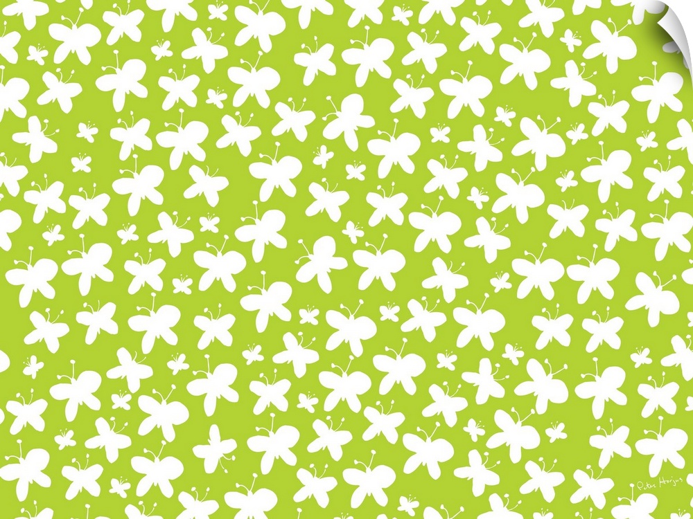 Graphic repeat pattern of white butterflies on a green background.
