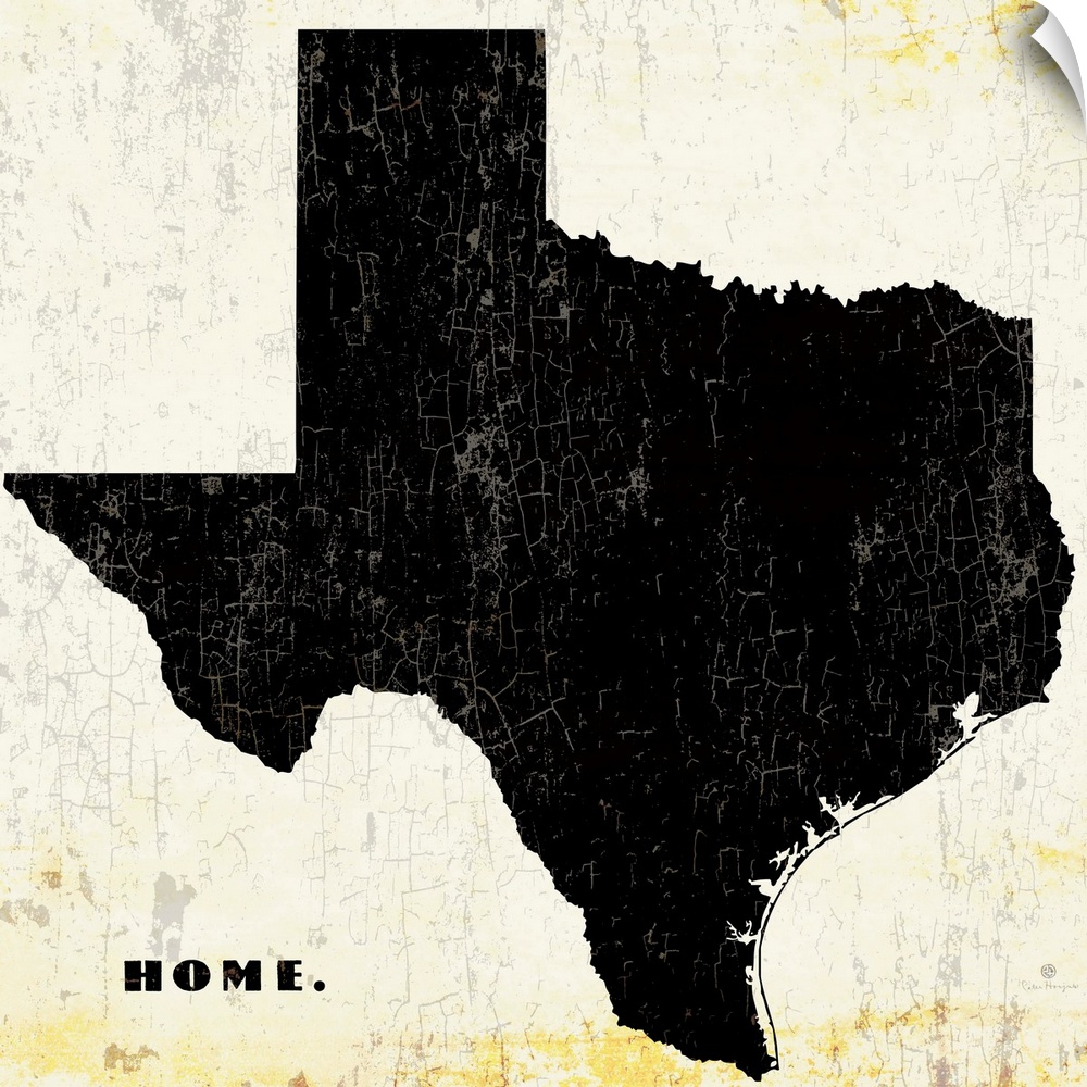 Distressed wall art graphic art of the state of Texas with the word home in the lower left corner on a black background.