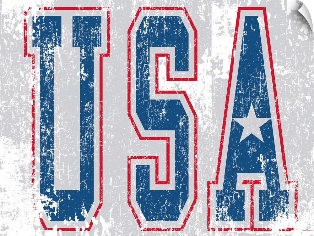 Distressed letters USA in red, white and blue on a white and rust background.