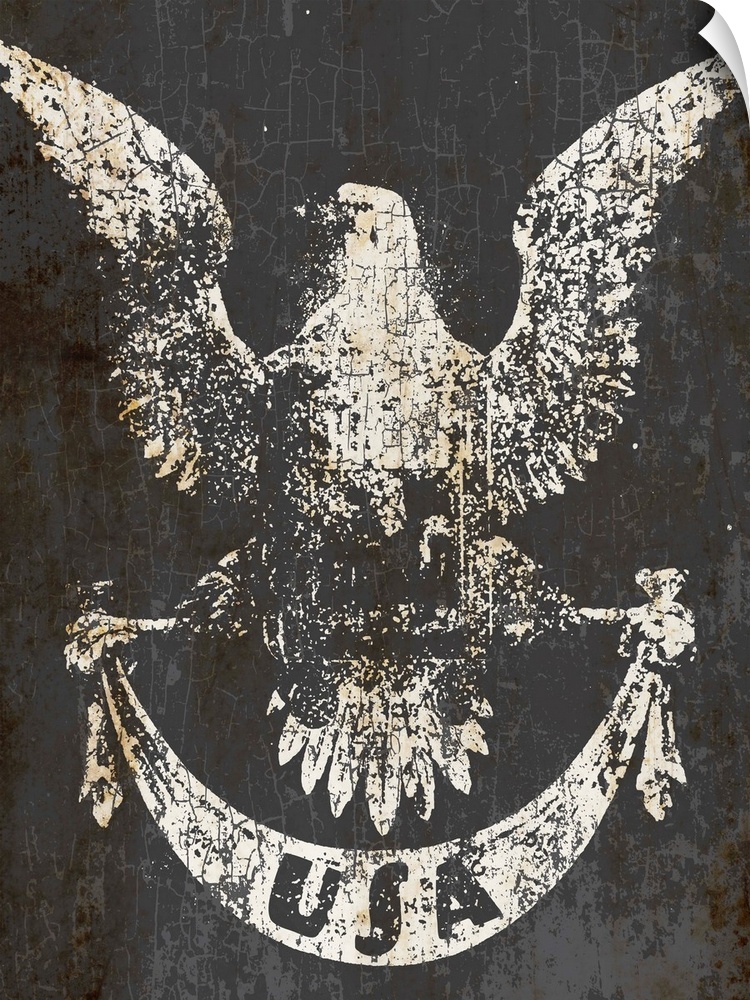 Distressed image of an American eagle with "USA" typography on a ribbon on a gray and rust background.