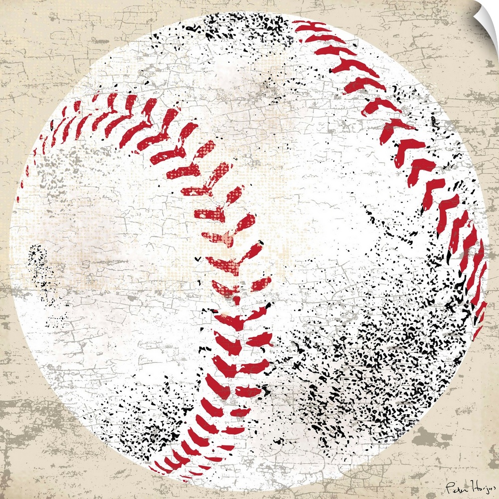 Vintage style wall art of an old distressed baseball on tan and sepia background.