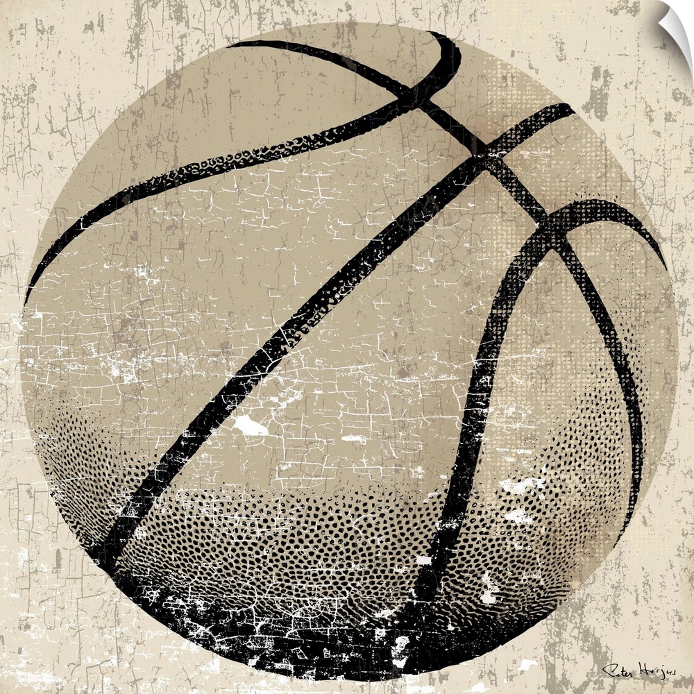 Vintage style wall art of an old distressed basketball on tan and sepia background.