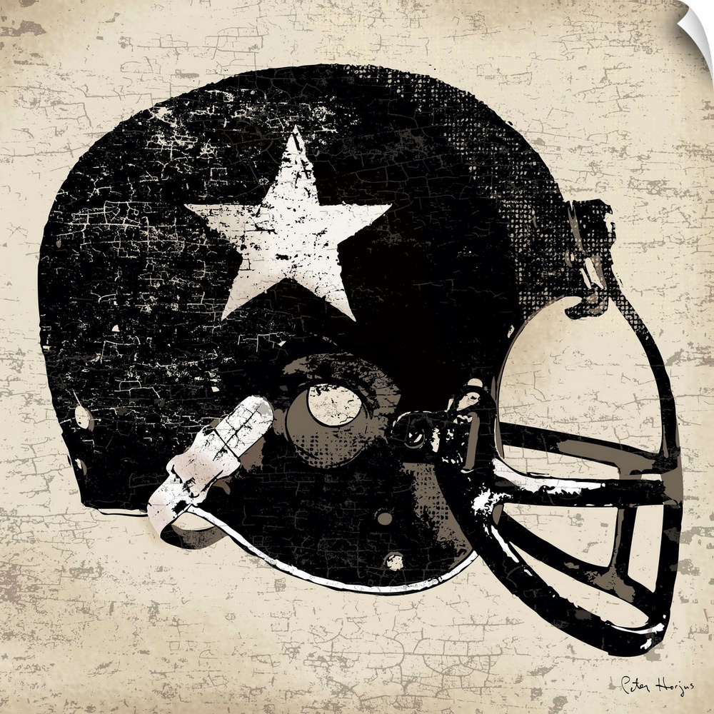 Vintage style wall art of an old distressed football helmet on tan and sepia background.