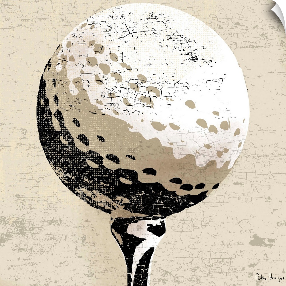 Vintage style wall art of an old distressed golfball on tan and sepia background.