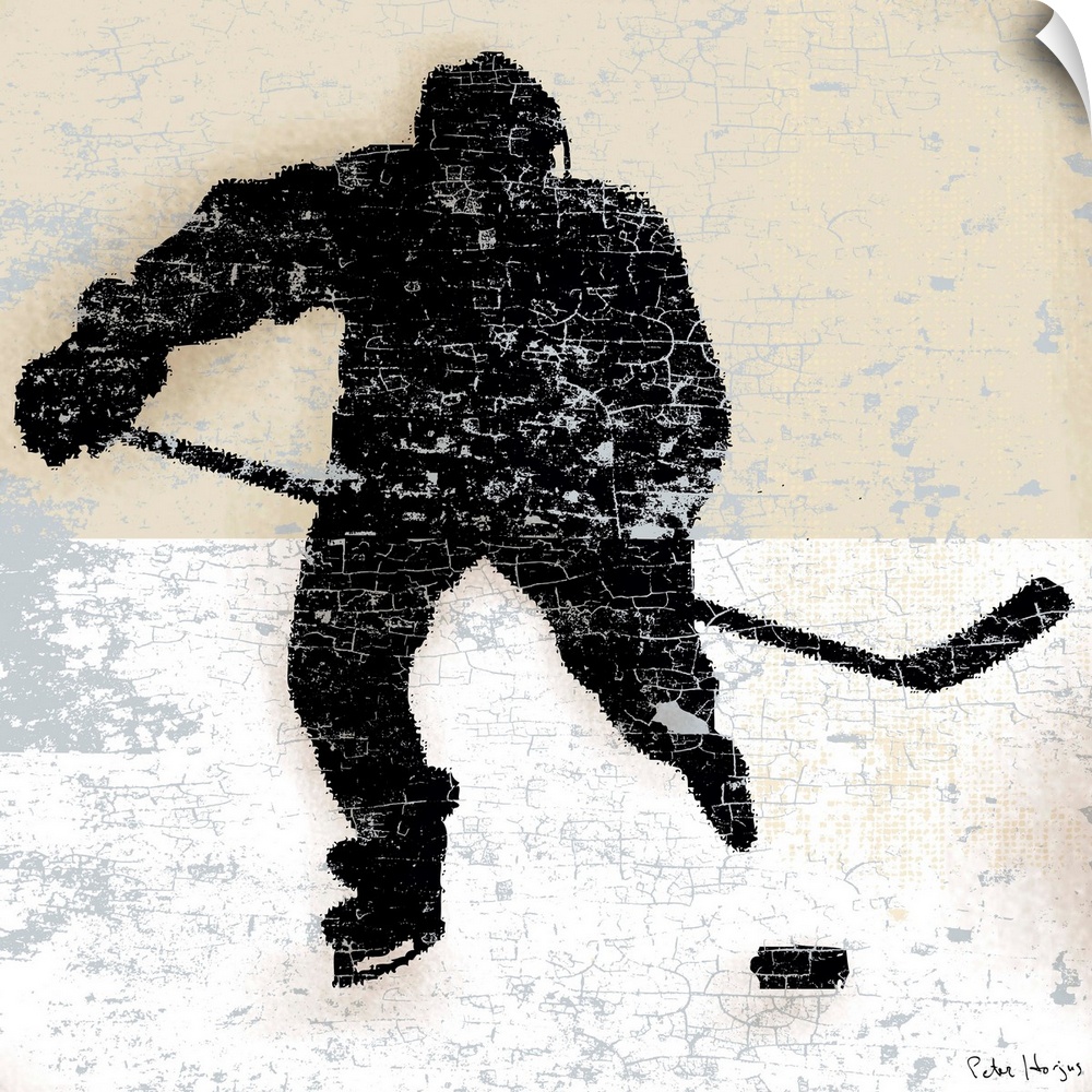 Vintage style wall art of an old distressed hockey player on tan and sepia background.