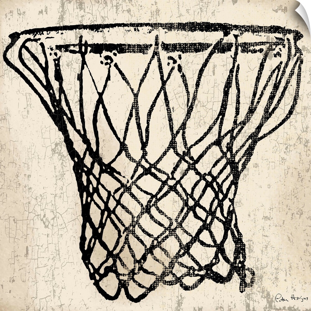 Vintage style wall art of an old distressed basketball hoop on tan and sepia background.