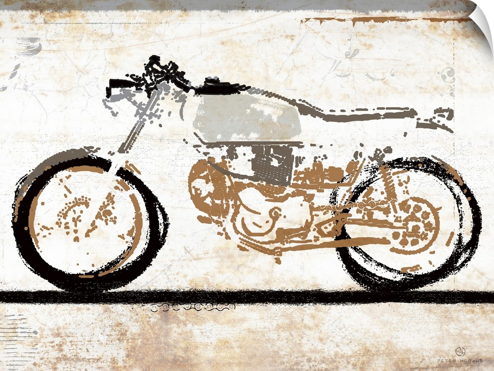 A gray, black and tan vintage motorcycle minimalist art sketch on a white rust background.