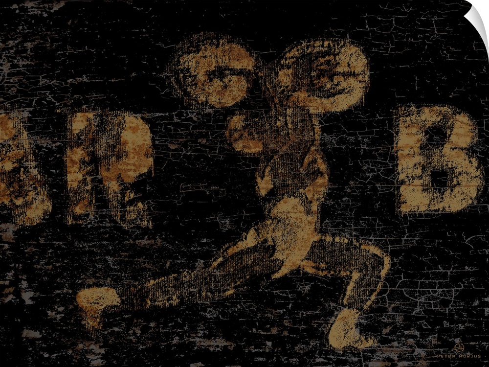 Distressed vintage wall art of a gold image of a weightlifter with barbell overhead on a black background.