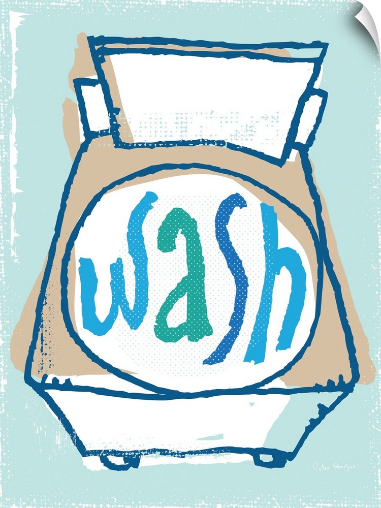 Illustration of a laundry clothes washing machine with the words Wash on it.