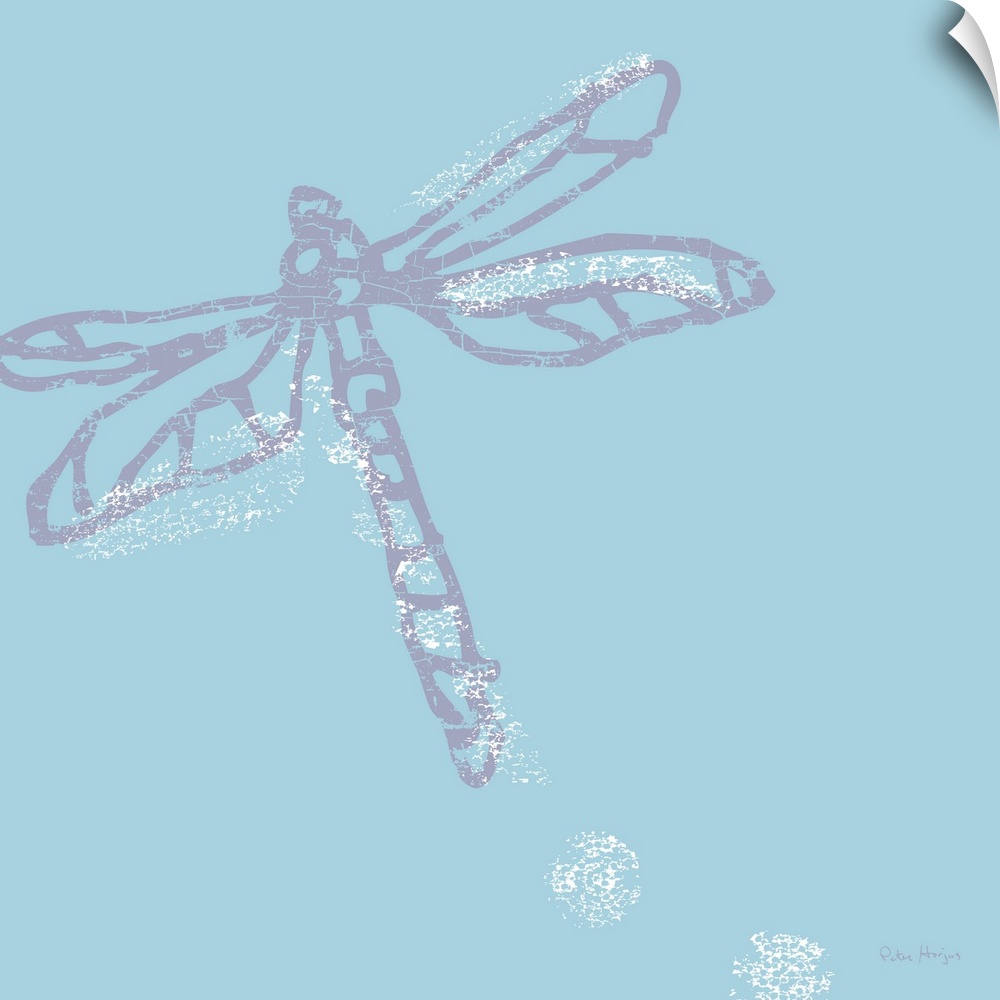 Zooming violet butterfly depicted in a simple minimalist art fashion on a solid light blue background.