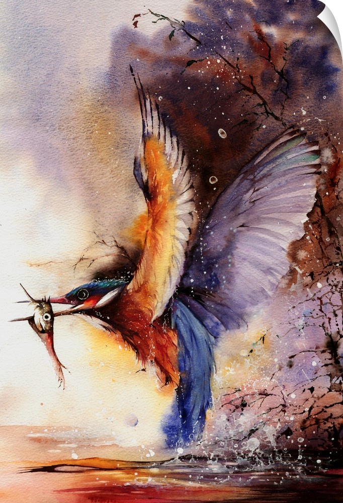 Watercolor painting of a Kingfisher catching a fish from the river.