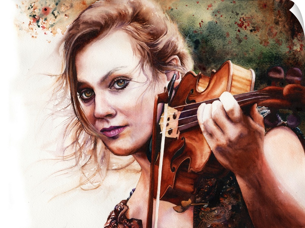An intense portrait of a beautiful musician captured with watercolour.
