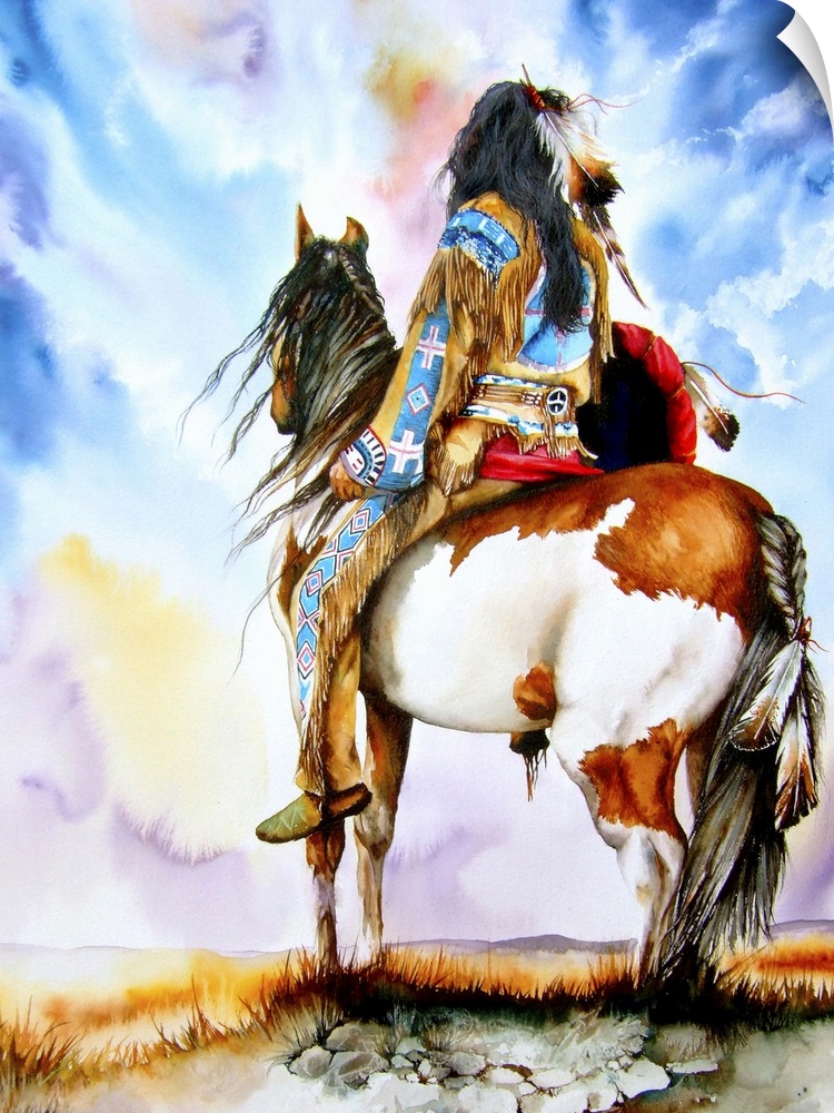 A warrior pauses aboard his pinto pony to survey the country ahead.