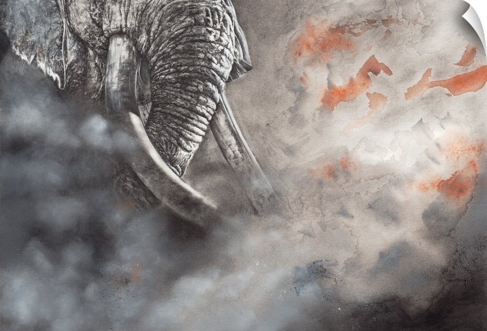 An impressionistic mixed media drawing of a bull African elephant, achieved with charcoal, pastel and iridescent paint