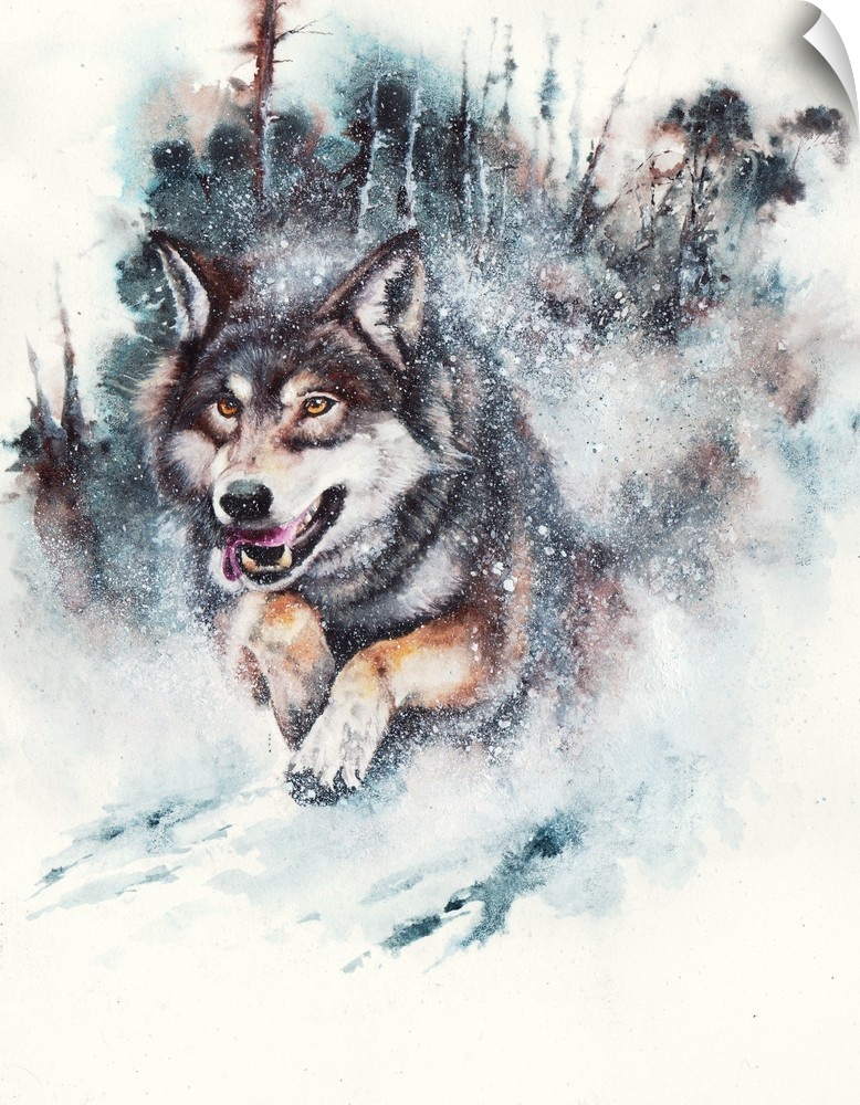 A watercolor painting of a running wolf in snow
