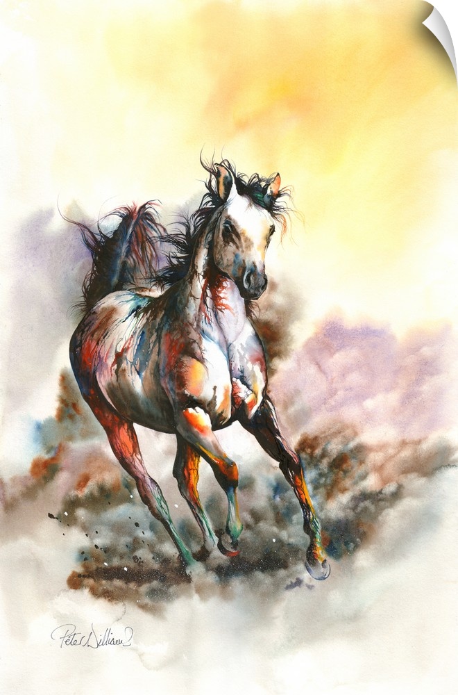 An impressionistic painting of a galloping stallion.