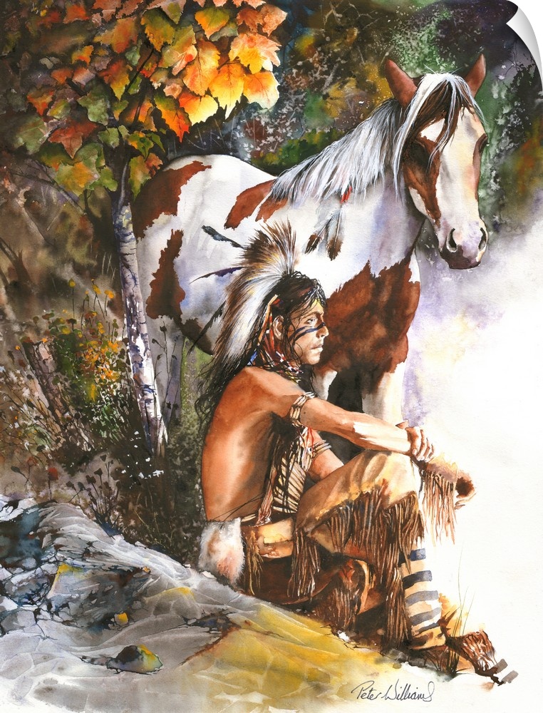 A native American Indian looks out at the rising sun, the warm mornings sun rays wash over him and his pony.