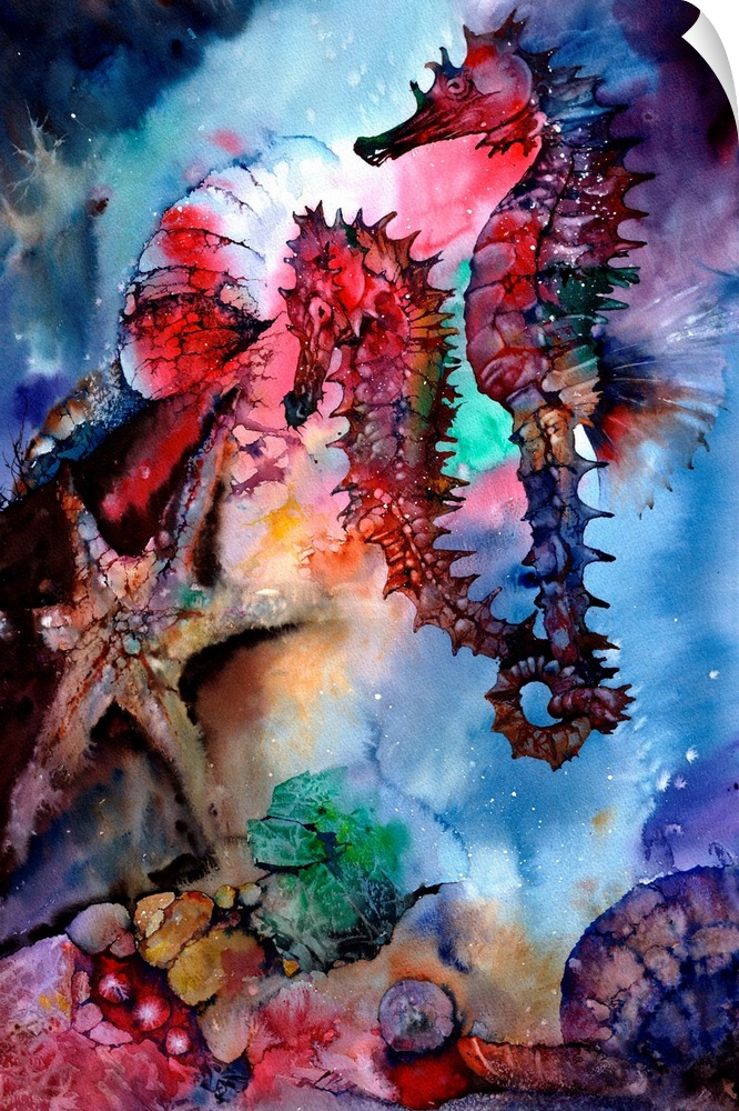 A colorful, impressionistic watercolor depicting sea horses and other sea creatures. Loosely painted with intense colors.