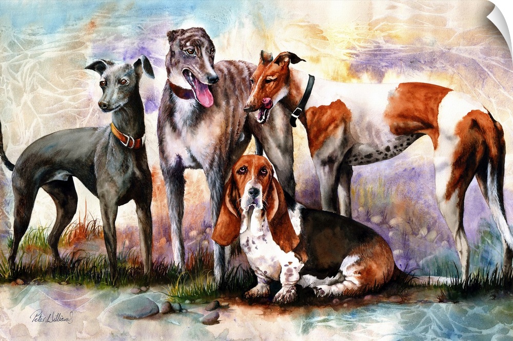 A watercolor portrait of four hounds, including a lovely old Basset hound.