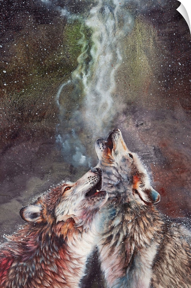Originally painted with watercolors, a portrait of two howling timber wolves on a cold and snowy night.