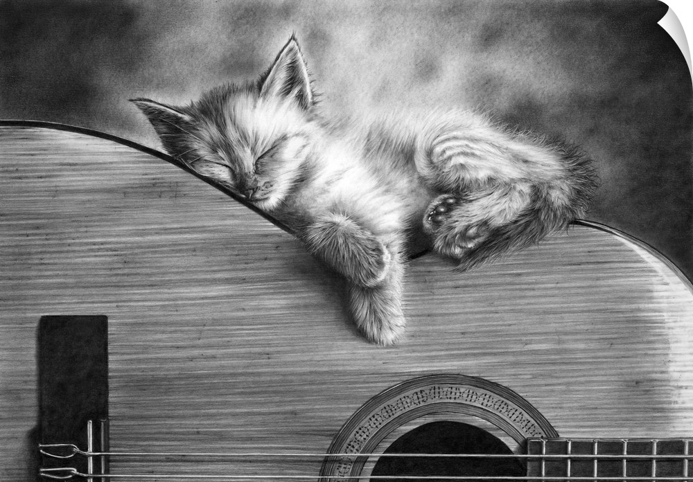 A small kitten finds an unusual place for a nap. Originally pencil on Bristol board.