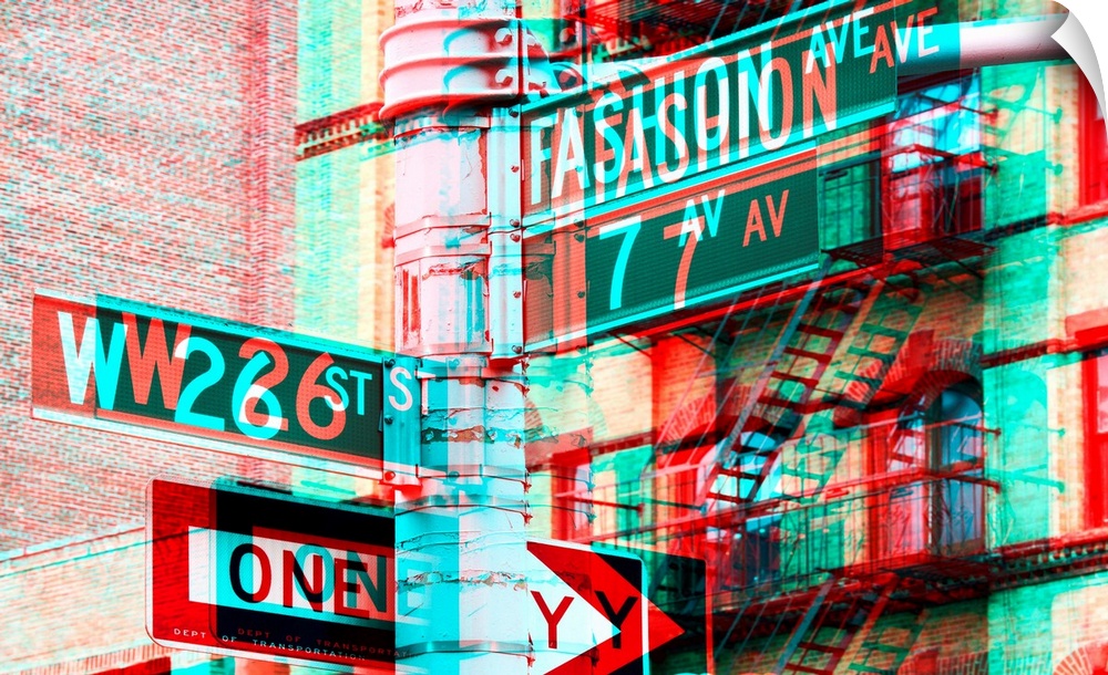 Photograph of New York city architecture with multiple exposures resembling anaglyph 3D images.