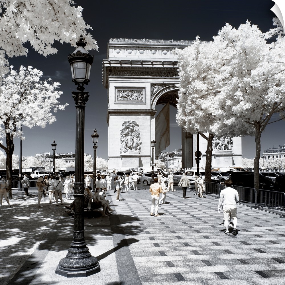 A view of the Arc de Triomphe in Paris, made in infrared mode in summer. The vegetation is white and rendering of the sky ...