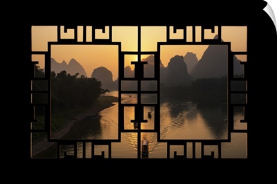 Asian Window, Great View of Yangshuo with Karst Mountains at Sunrise