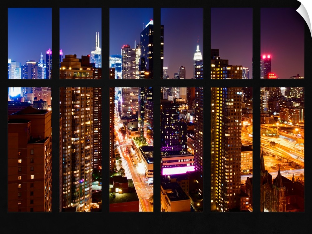Artistic photograph New York city at night as if viewed from a window.