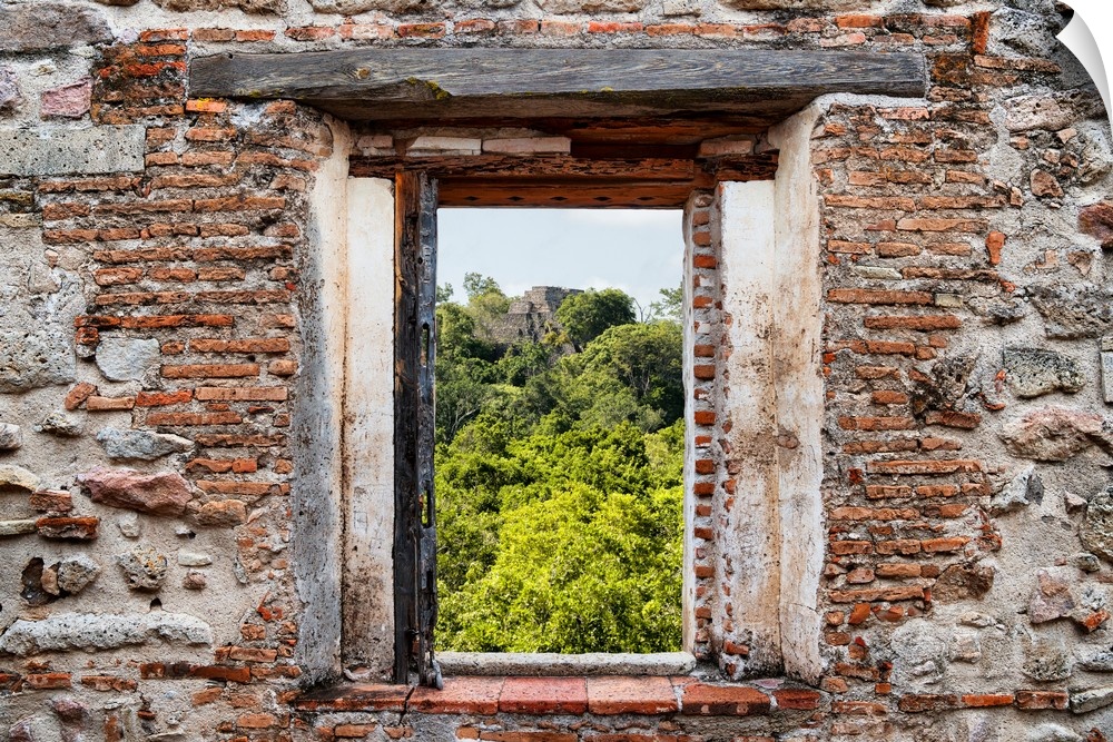 View of the ancient Mayan City of Calakmul, Mexico, framed through a stony, brick window. From the Viva Mexico Window View.