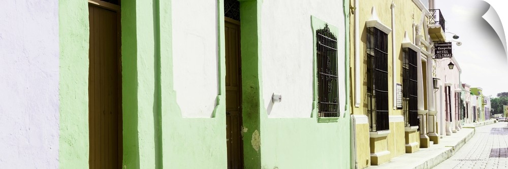 Panoramic photograph of a colorful street in Campeche, Mexico. From the Viva Mexico Panoramic Collection.