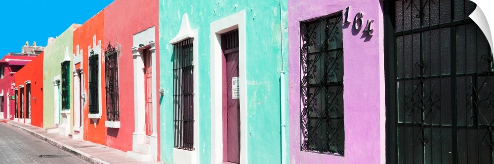 Panoramic photograph of a colorful street scene in Campeche, Mexico. From the Viva Mexico Panoramic Collection.