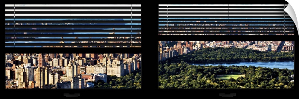 View of Central Park with skyscrapers, with a faux window and blinds effect.