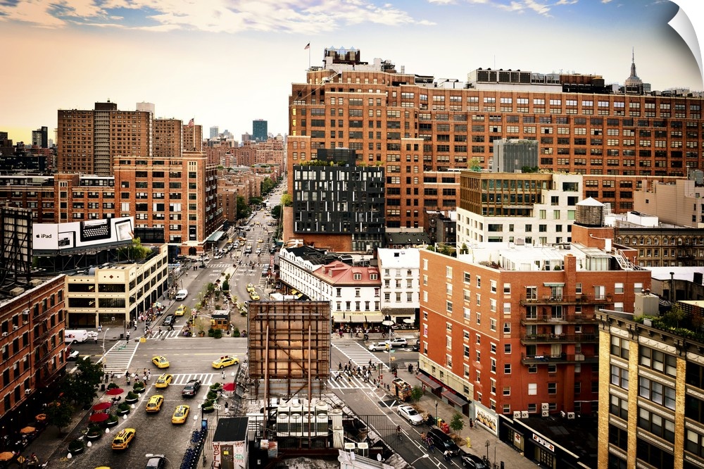 View from above of the busy streets and historic buildings in the Chelsea District.