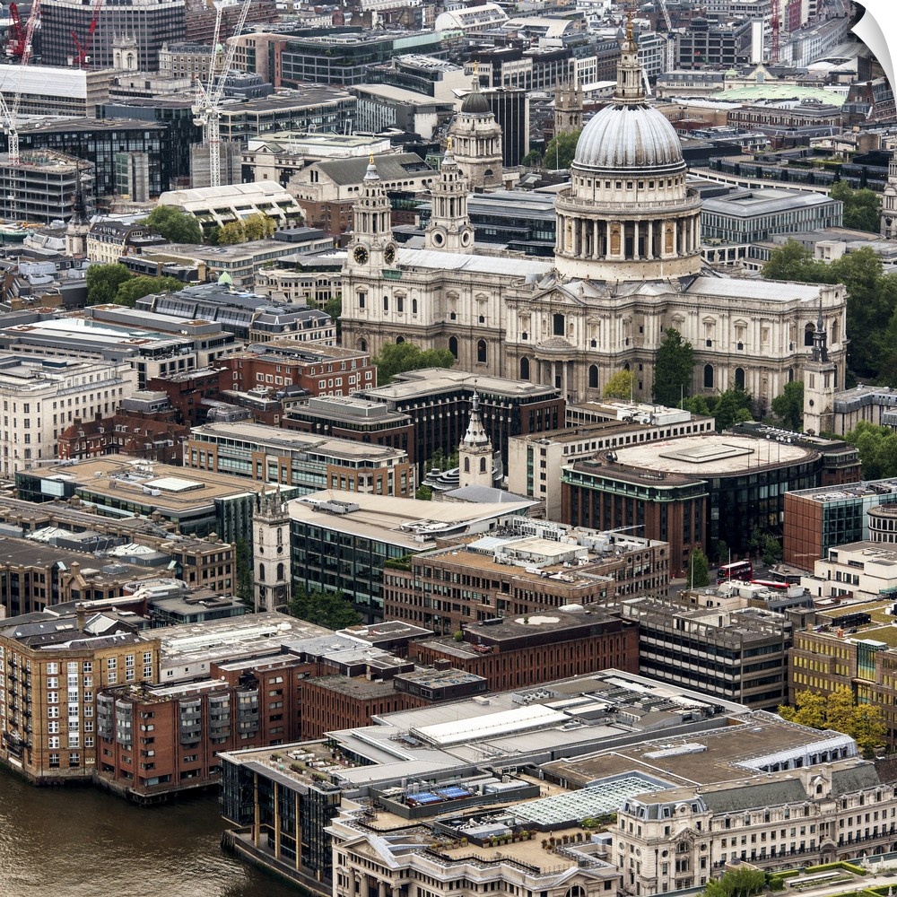View from above of the London cityscape, including St Paul's Cathedral.