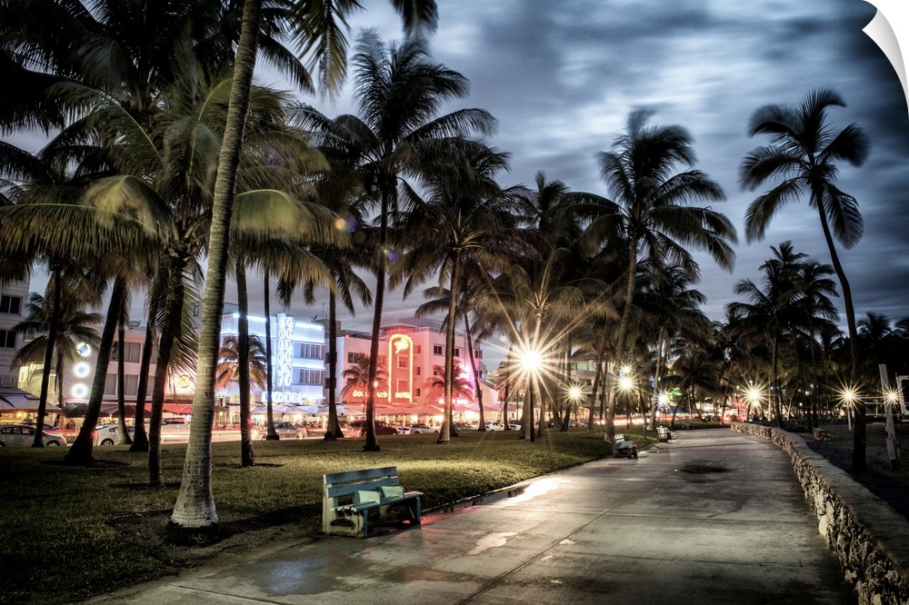 Ocean Drive, Miami, in the evening lit up with neon signs.