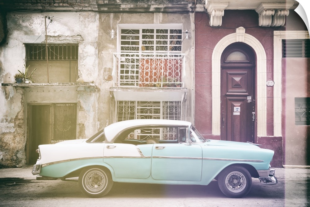 Faded photograph of a turquoise and white vintage card parked on the side of a street in Havana with weathered buildings i...