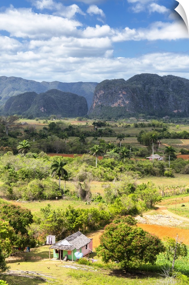 Vertical landscape photograph of  Vinales Valley in Ciba with a green and pink hut in the foreground.