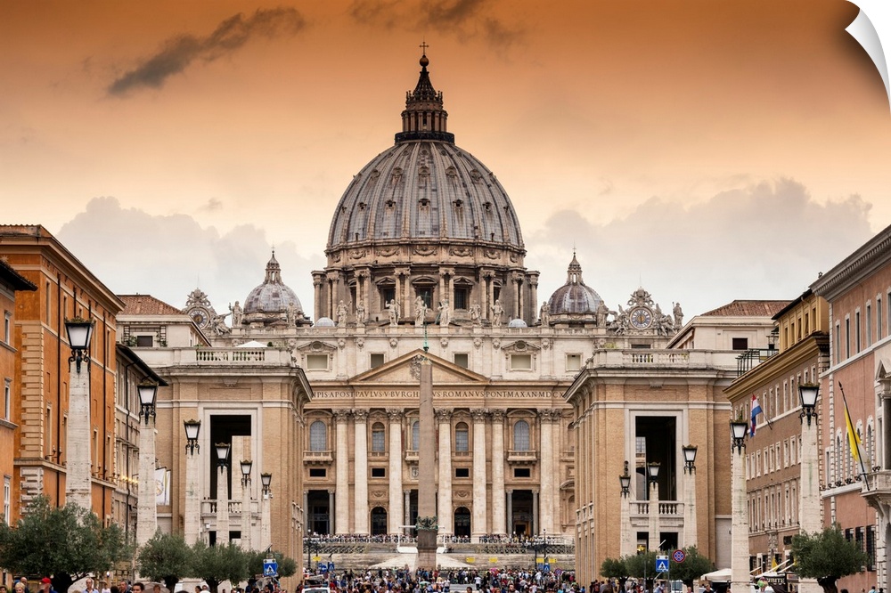 It's St Peter's Basilica and St Paul's Cathedral at sunset in the Vatican City State.