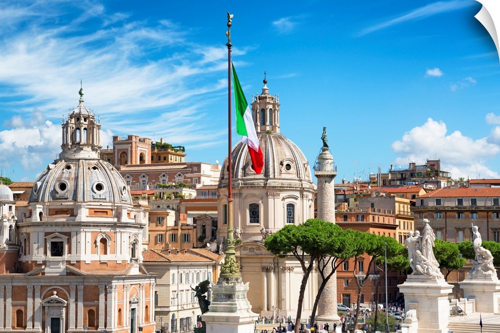 It's a view of the architecture of the city center of Rome with the Italian flag.