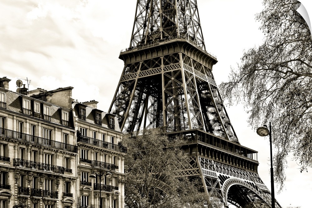 Fine art photograph of the Eiffel Tower in France, with trees and buildings in the foreground.