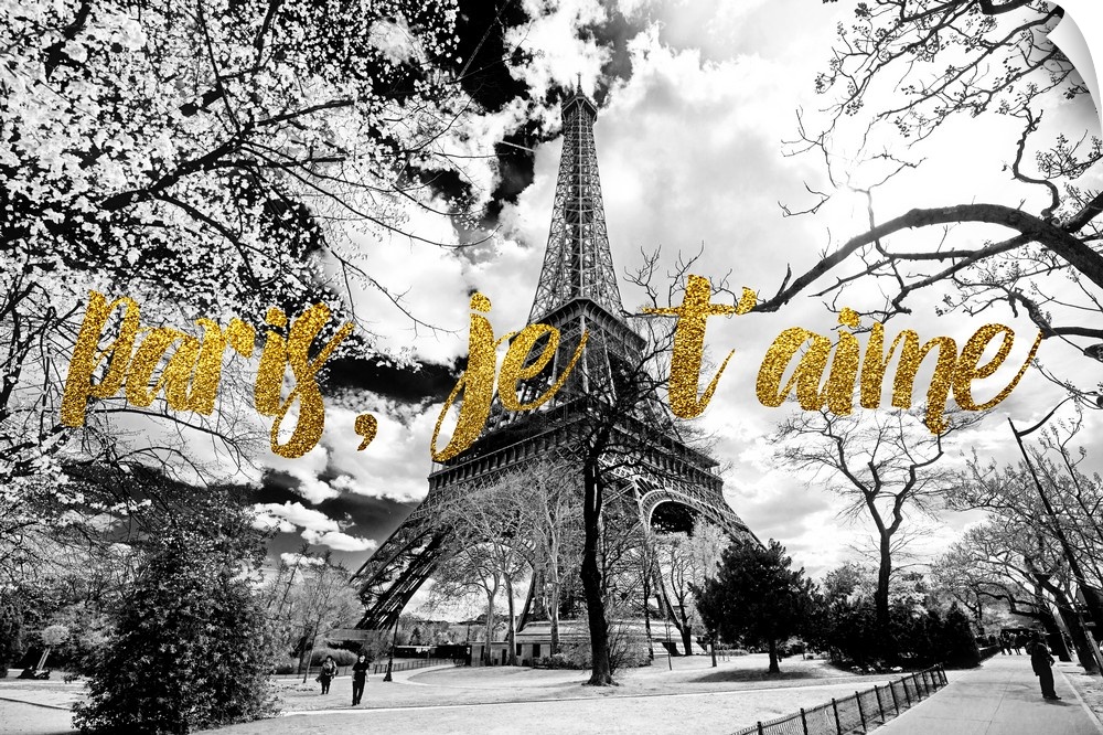 Black and white photograph of the Eiffel Tower with the phrase "Paris, je t'aime" written on top in gold glitter. From the...