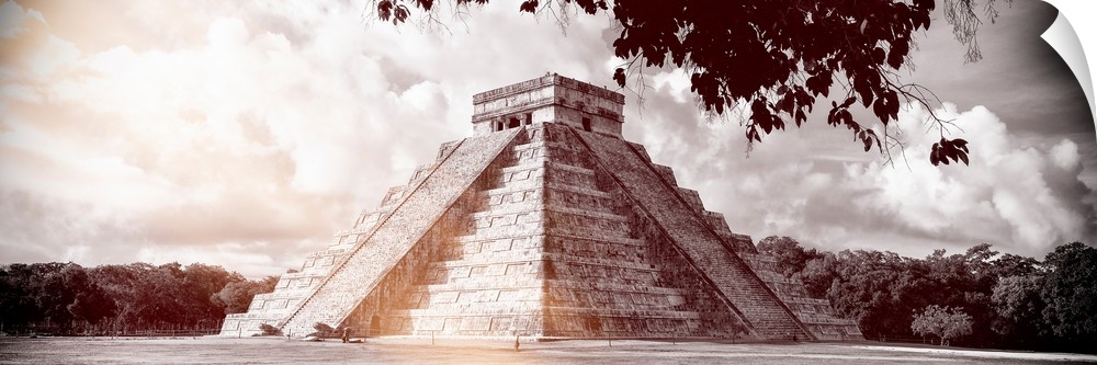 Red toned panoramic photograph of El Castillo Pyramid in in Chichen Itza, Yucat?n, Mexico. From the Viva Mexico Panoramic ...