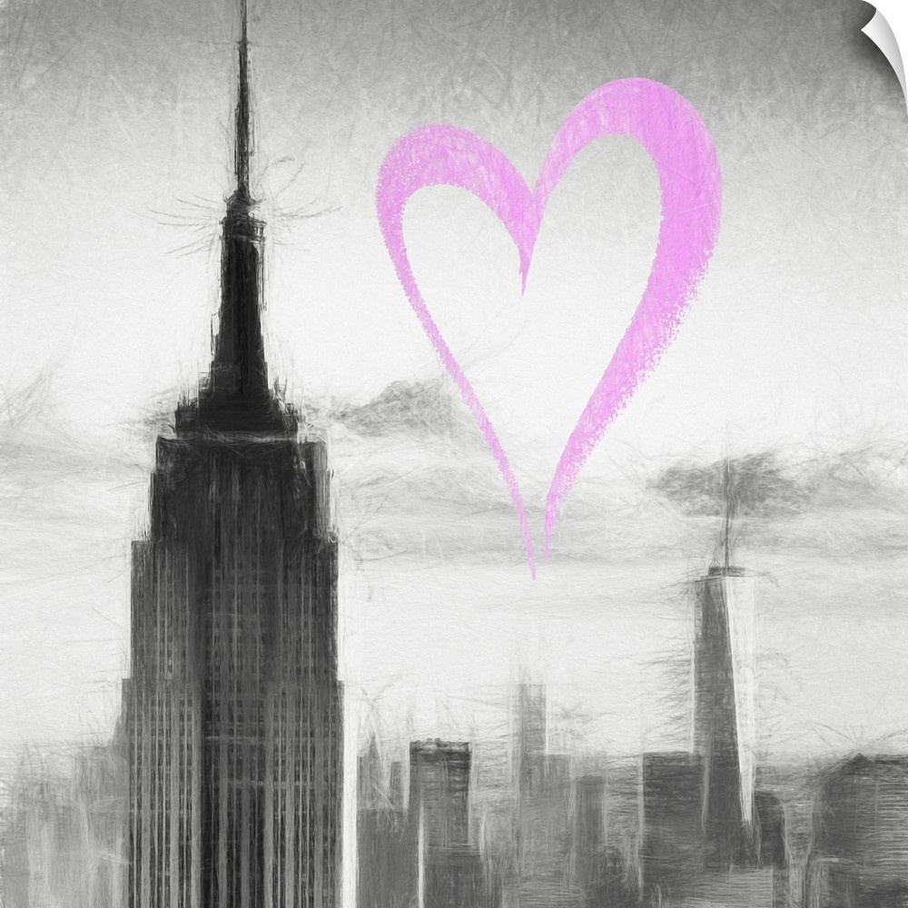 Fusing of oil painting textures and techniques with a digital black and white photograph of the Empire State Building with...